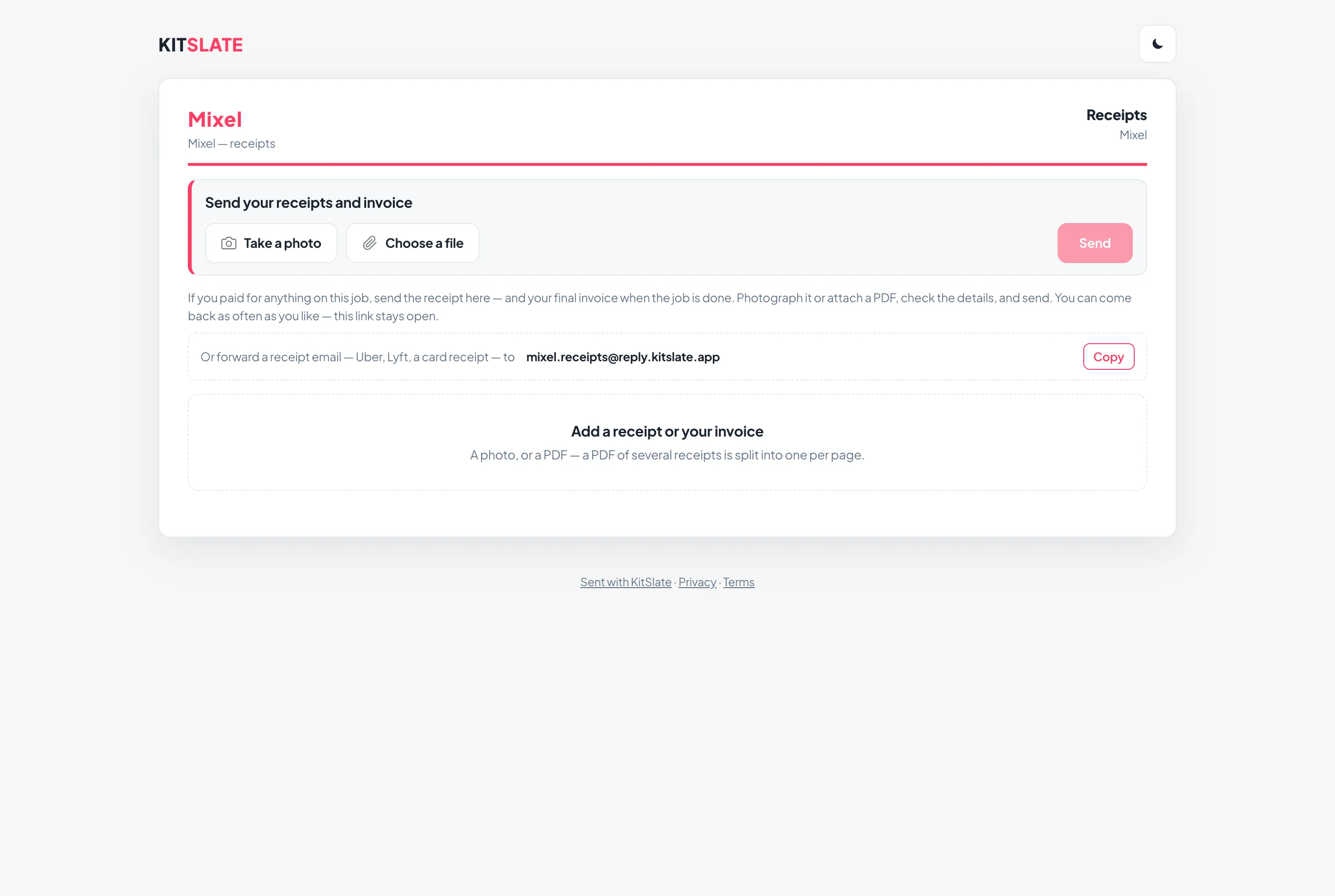 The company&rsquo;s receipts page as a crew member sees it: Send your receipts and invoice, Take a photo, Choose a file and Send, with what happens next explained underneath