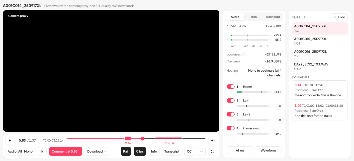 The expanded player with Clips and comments open: two notes from the recipient listed with their times and camera timecodes, one at 0:41 and one on the part 1:02–1:18, both marked on the scrubber under a black picture box