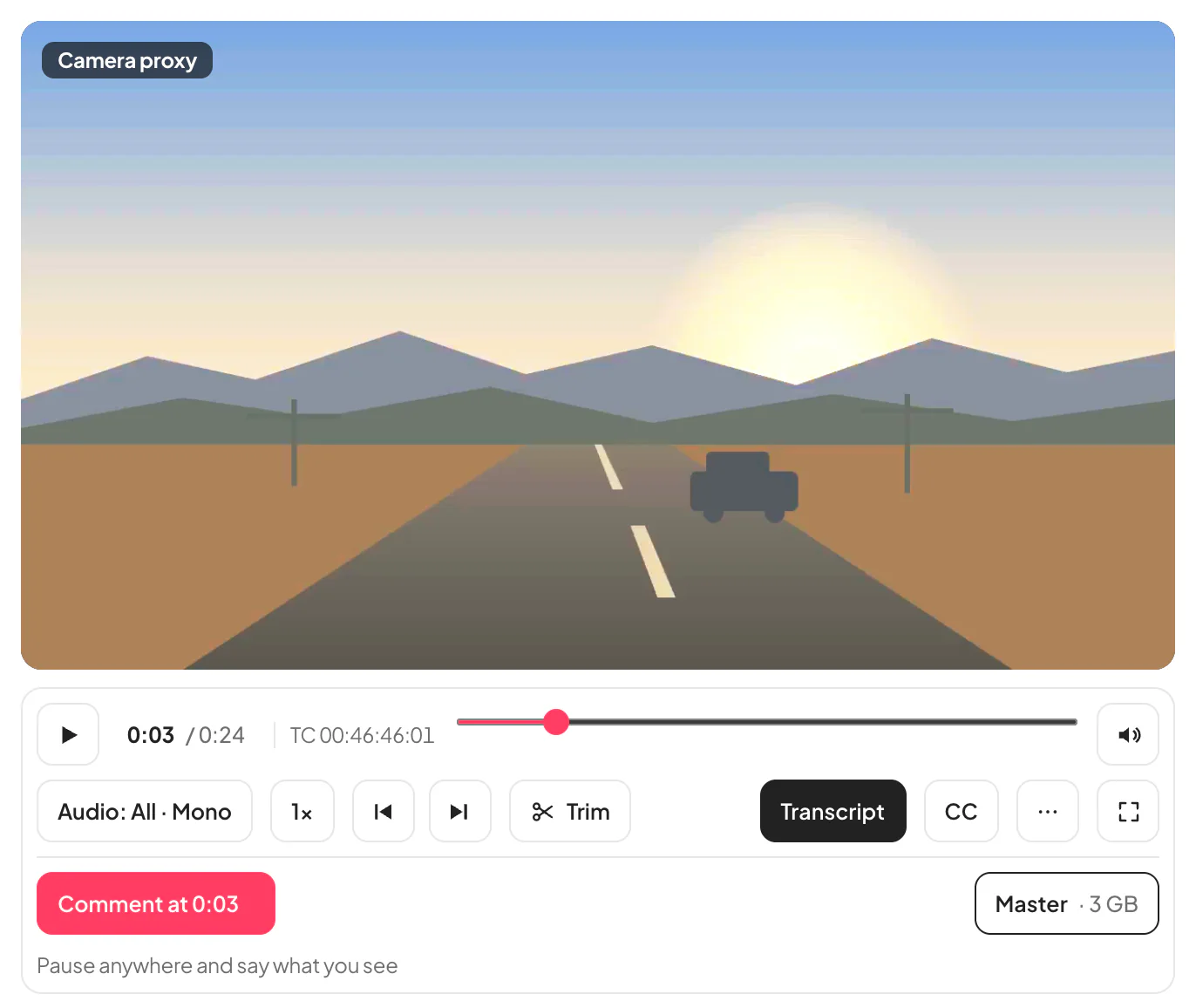 Illustrative frame: the same road at dusk shown as Rec.709, with a blue sky, a bright sun and warm ground, the LUT switch on
