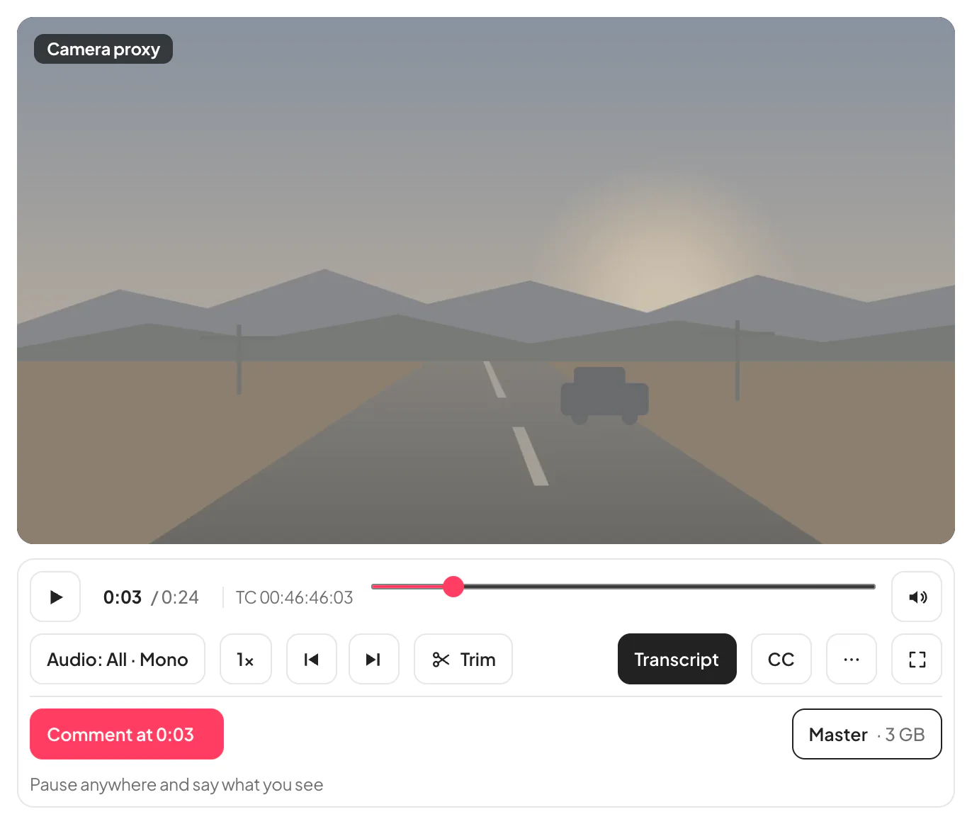 Illustrative frame: a flat, washed-out log picture of a road at dusk in the player, the LUT switch off and the menu Show the footage with open on Original — as recorded
