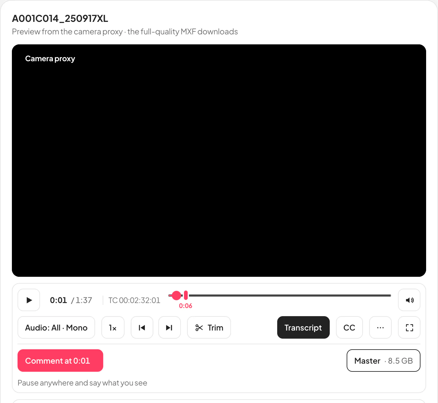 The client’s page playing a camera clip from its proxy: a black picture box, the time and the camera timecode, the controls, Comment at 0:01 and the Master download with its size