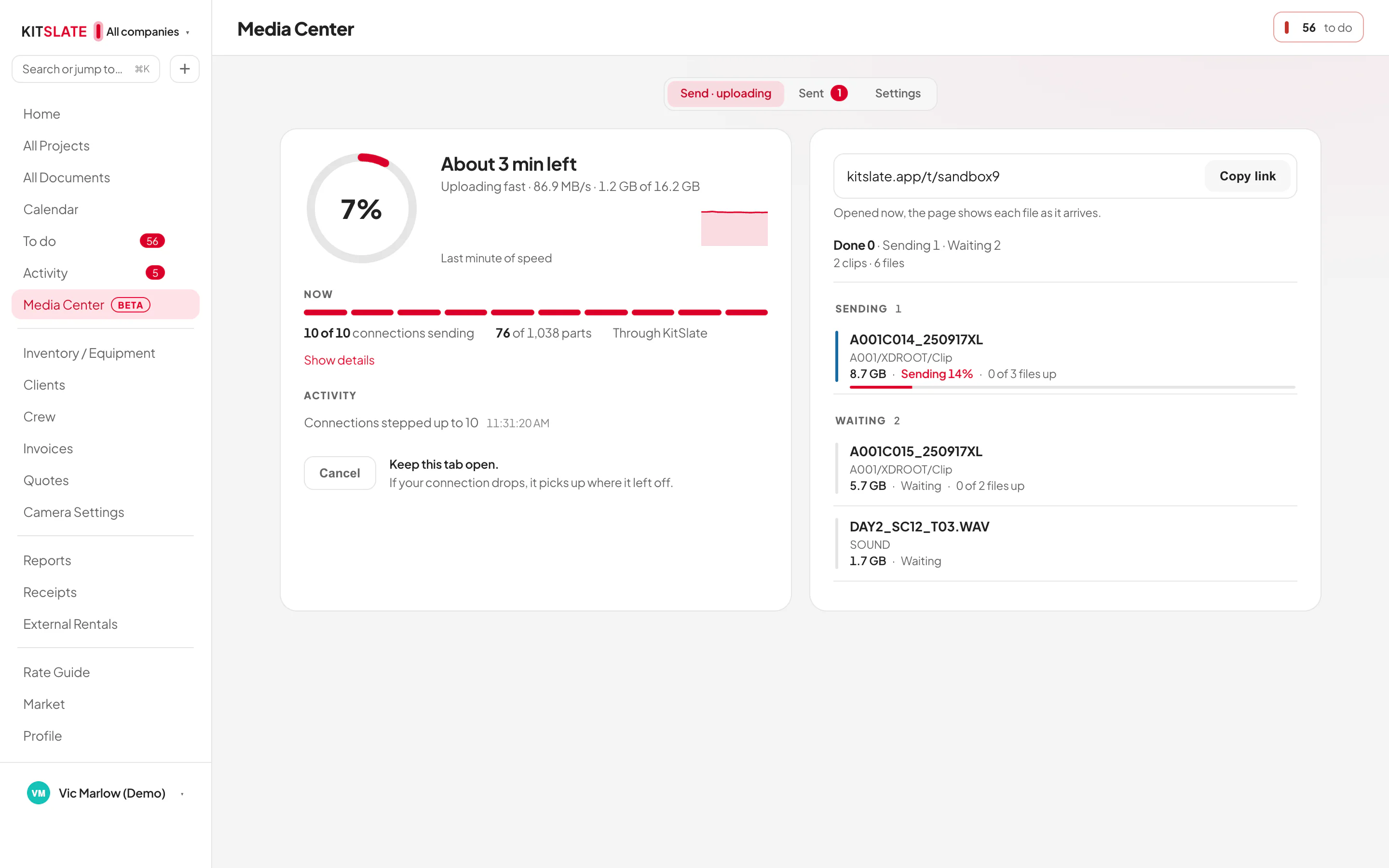 KitSlate’s Media Center in the app: Media Center selected in the sidebar, the Send, Sent and Settings tabs, and a camera card uploading at 7% with its link and Copy link already showing, the files listed as sending and waiting