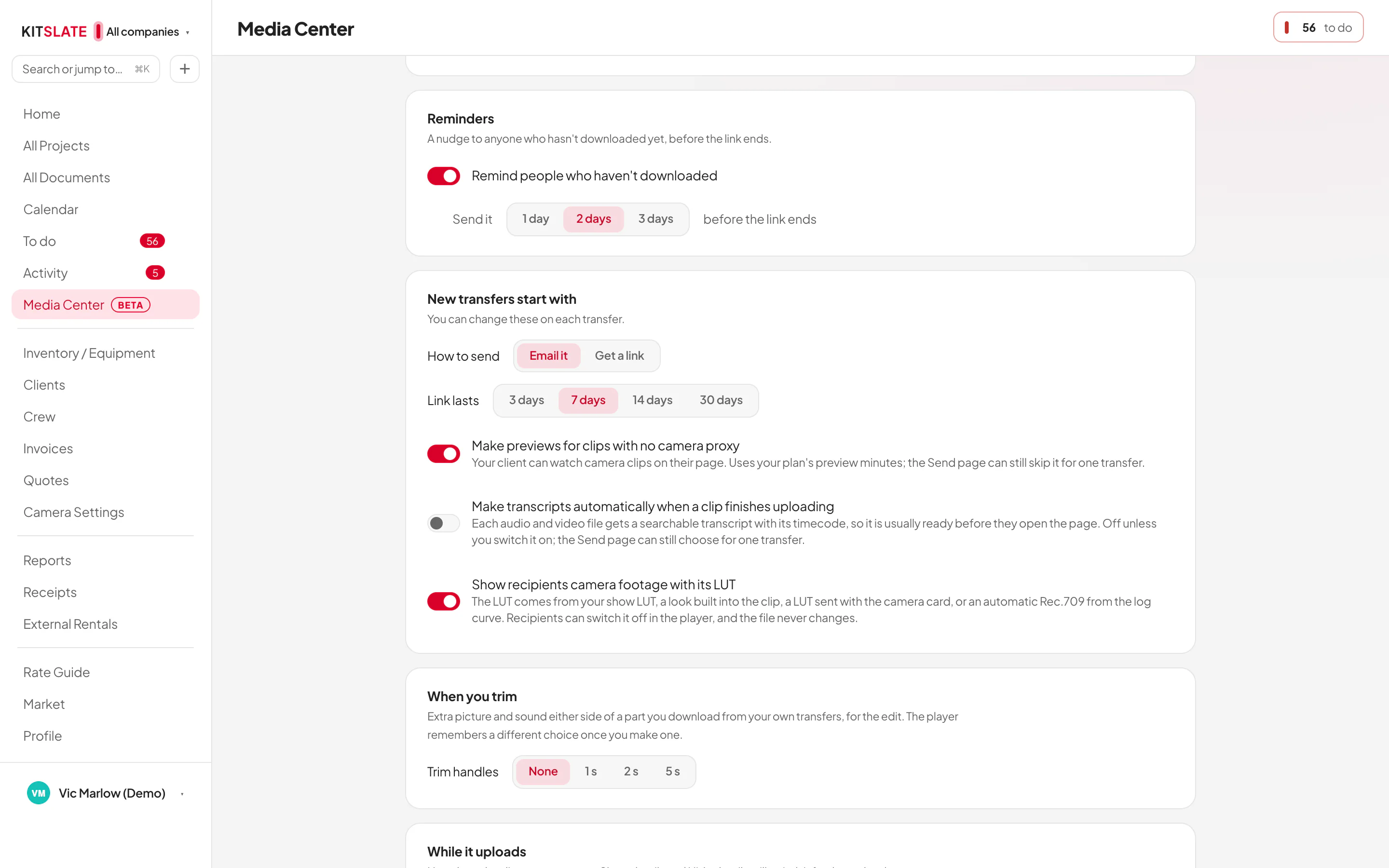 Media Center Settings: the transcript defaults for new transfers