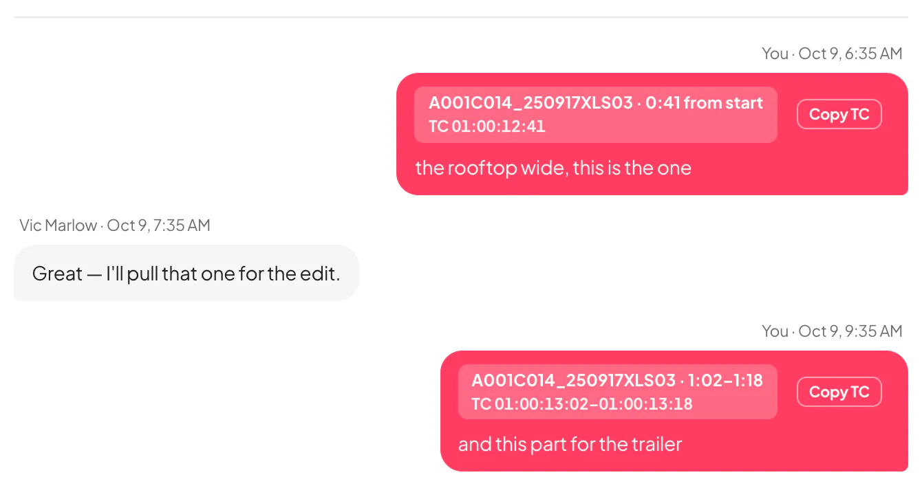 The conversation under the player: each note carries a chip with the clip, the moment and its timecode, a Copy TC button beside it, and the sender’s reply in the same thread