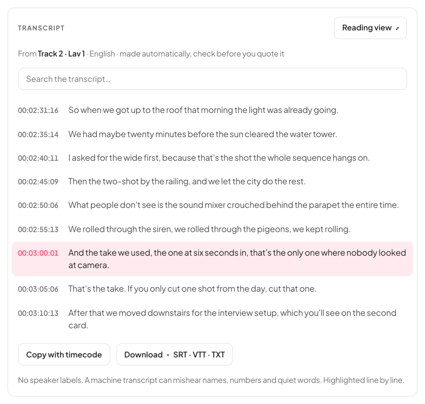 The transcript under the player: a search box, every line with the clip&rsquo;s own timecode and the line at the playhead lit, then Copy with timecode and the downloads &mdash; SRT, VTT and text