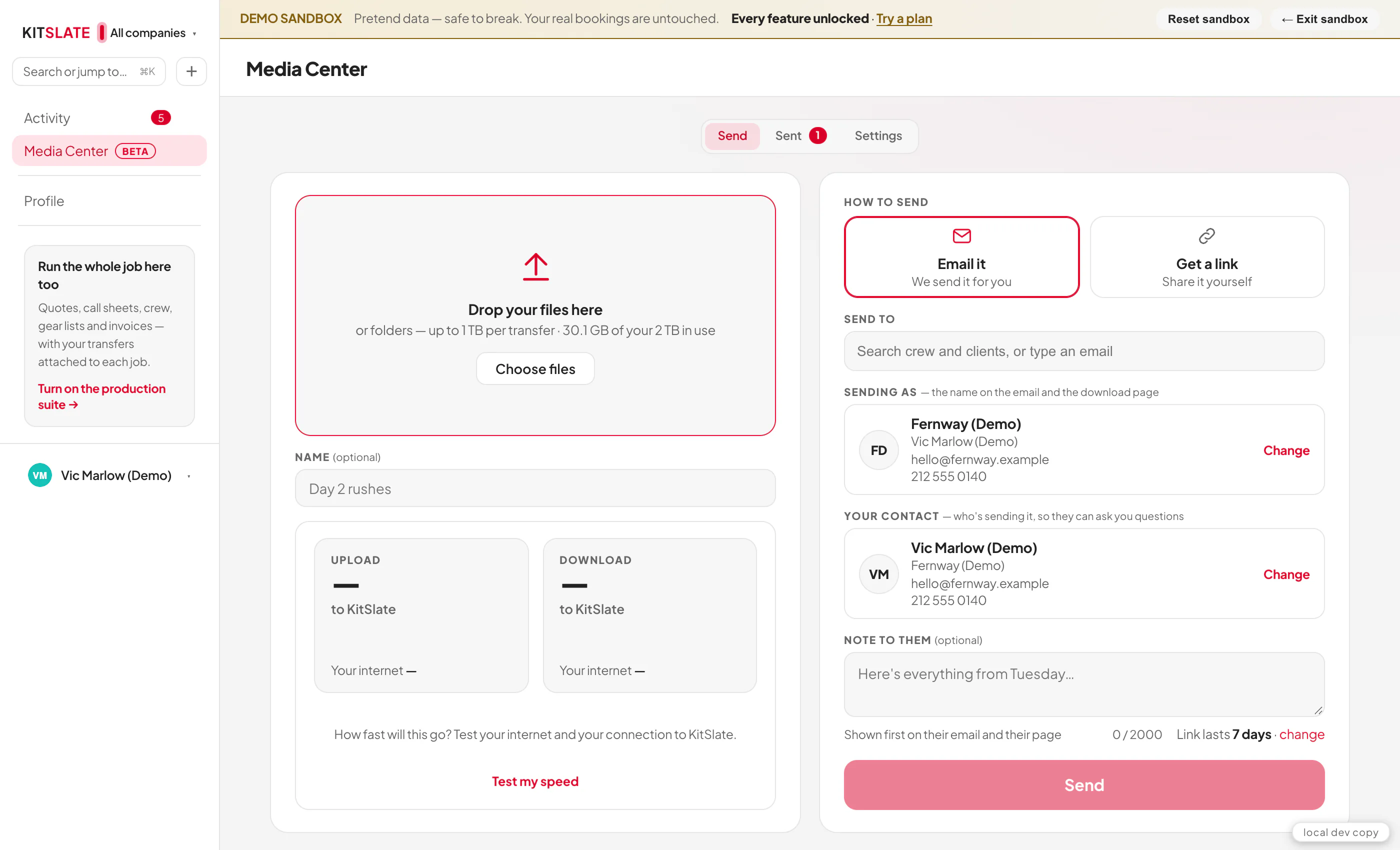 The Media Center's Send page with a short sidebar: Activity, Media Center and Profile, and under them a card reading Run the whole job here too — Quotes, call sheets, crew, gear lists and invoices, with your transfers attached to each job — and Turn on the production suite.