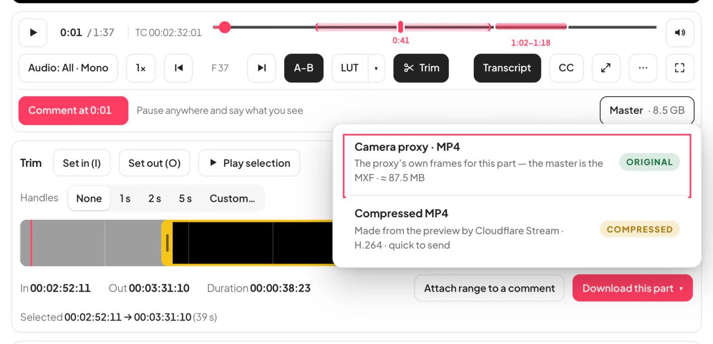 Download this part open: the camera proxy&rsquo;s own frames for the part, marked Original, and a compressed MP4 made from the Stream preview, marked Compressed, each with its size