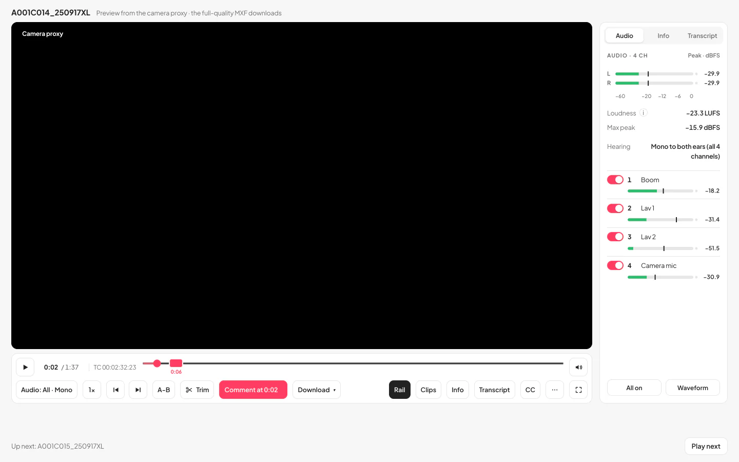 The expanded view: the black picture box filling the window, the audio rail beside it and the controls under it