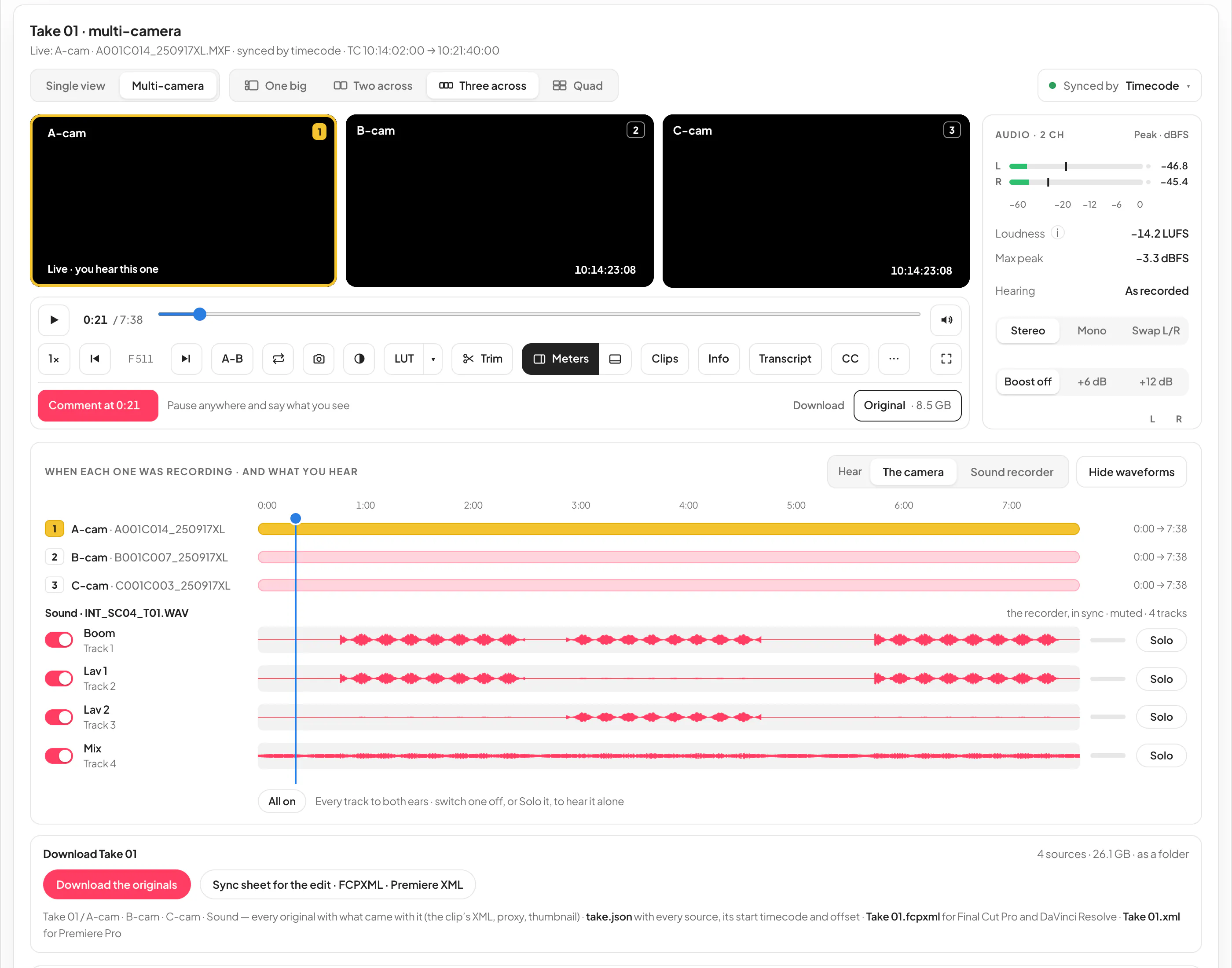 Take 01 in multi-camera view: the header in one row with Single view or Multi-camera, the layout and the Synced by Timecode menu; A-cam, B-cam and C-cam down the left, A-cam outlined in yellow as the live one; the big picture with the player's controls, Comment and the Download box under it; then the timeline of when each camera was recording