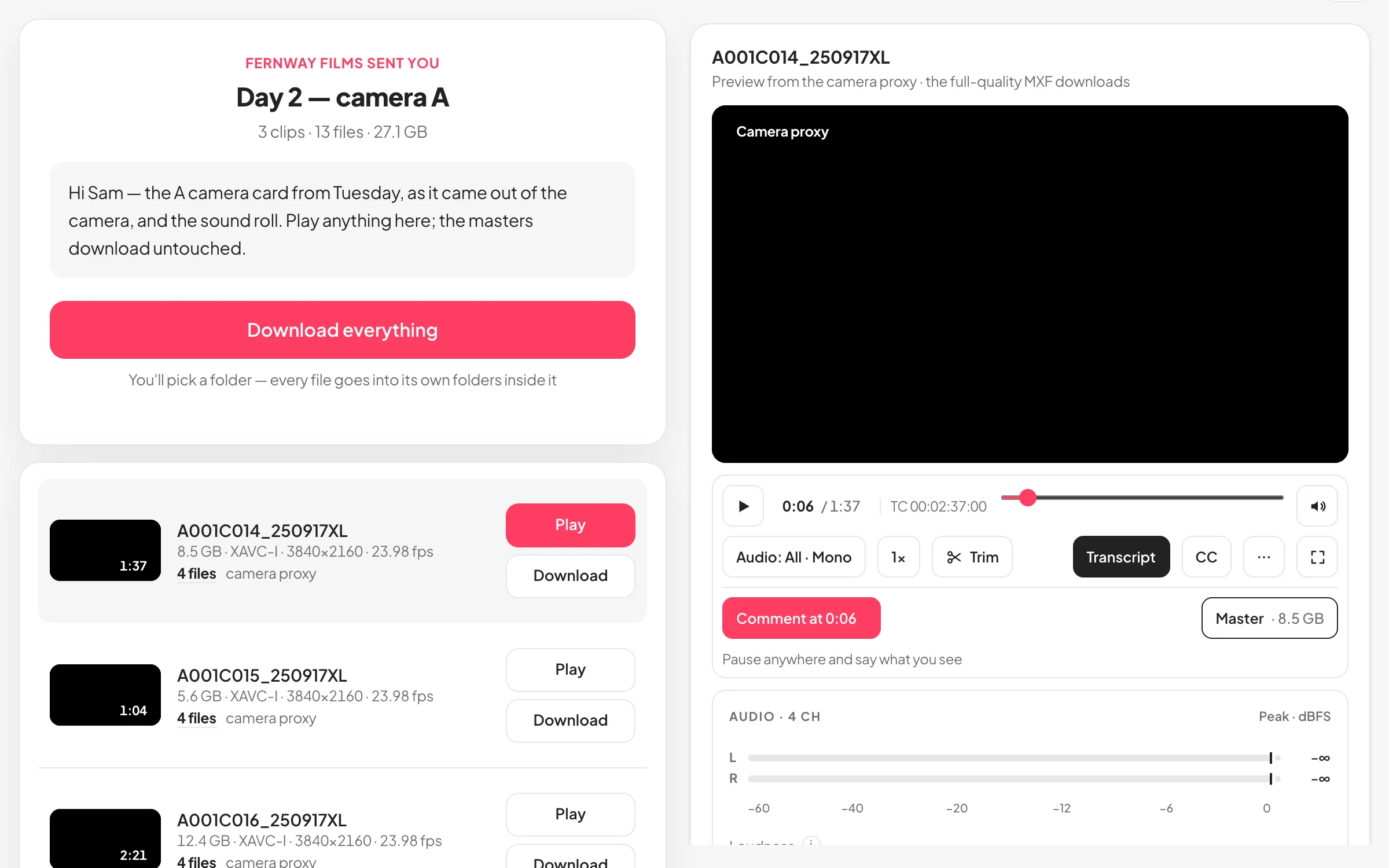The download page with a clip playing: the files on the left, the player on the right with its controls under the picture, Comment at the paused moment, and the clip's video and audio specs beneath