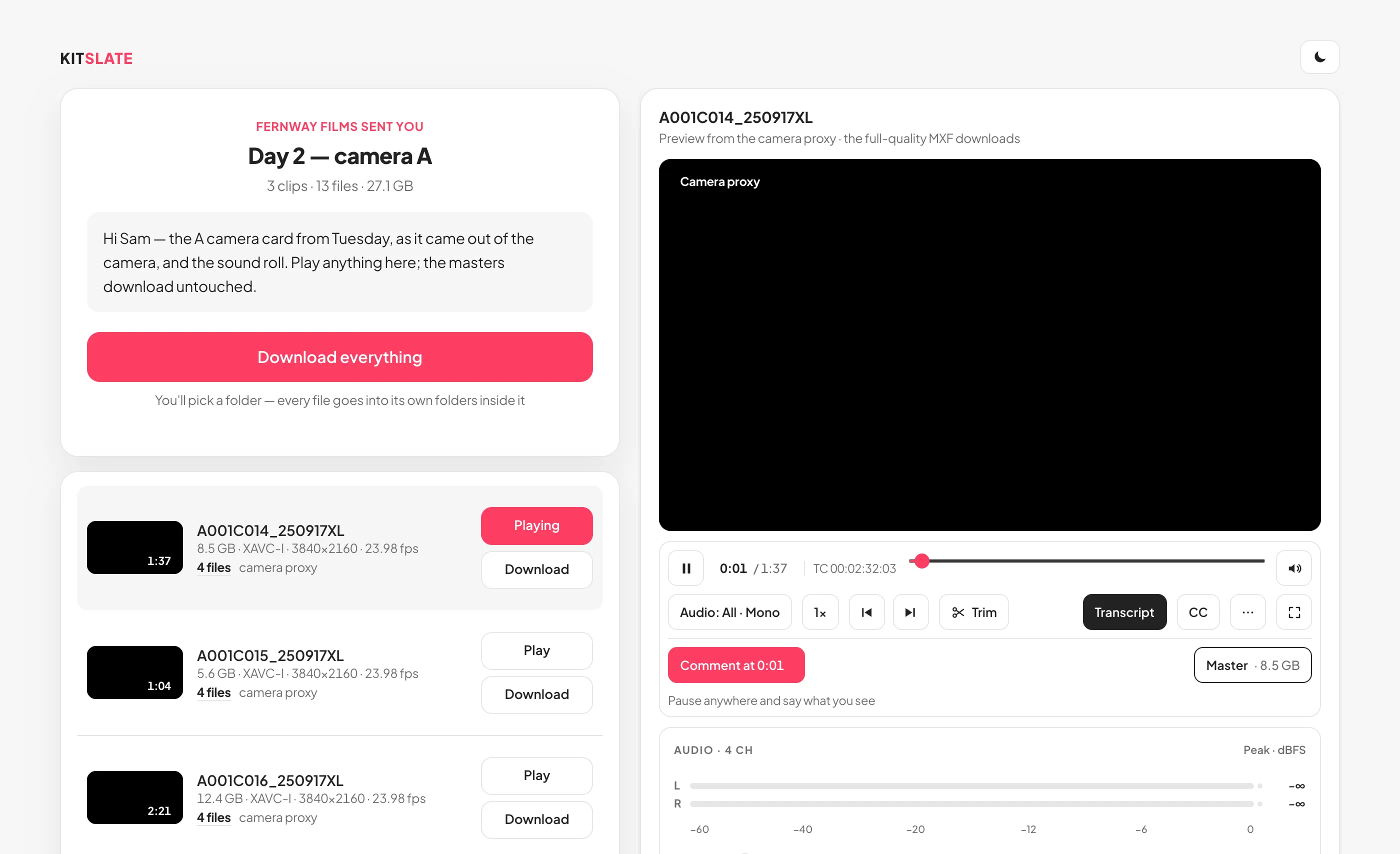 The download page for a camera card: one row per clip with its thumbnail and specs, the camera proxy playing in the player, and a comment pinned to a timecode