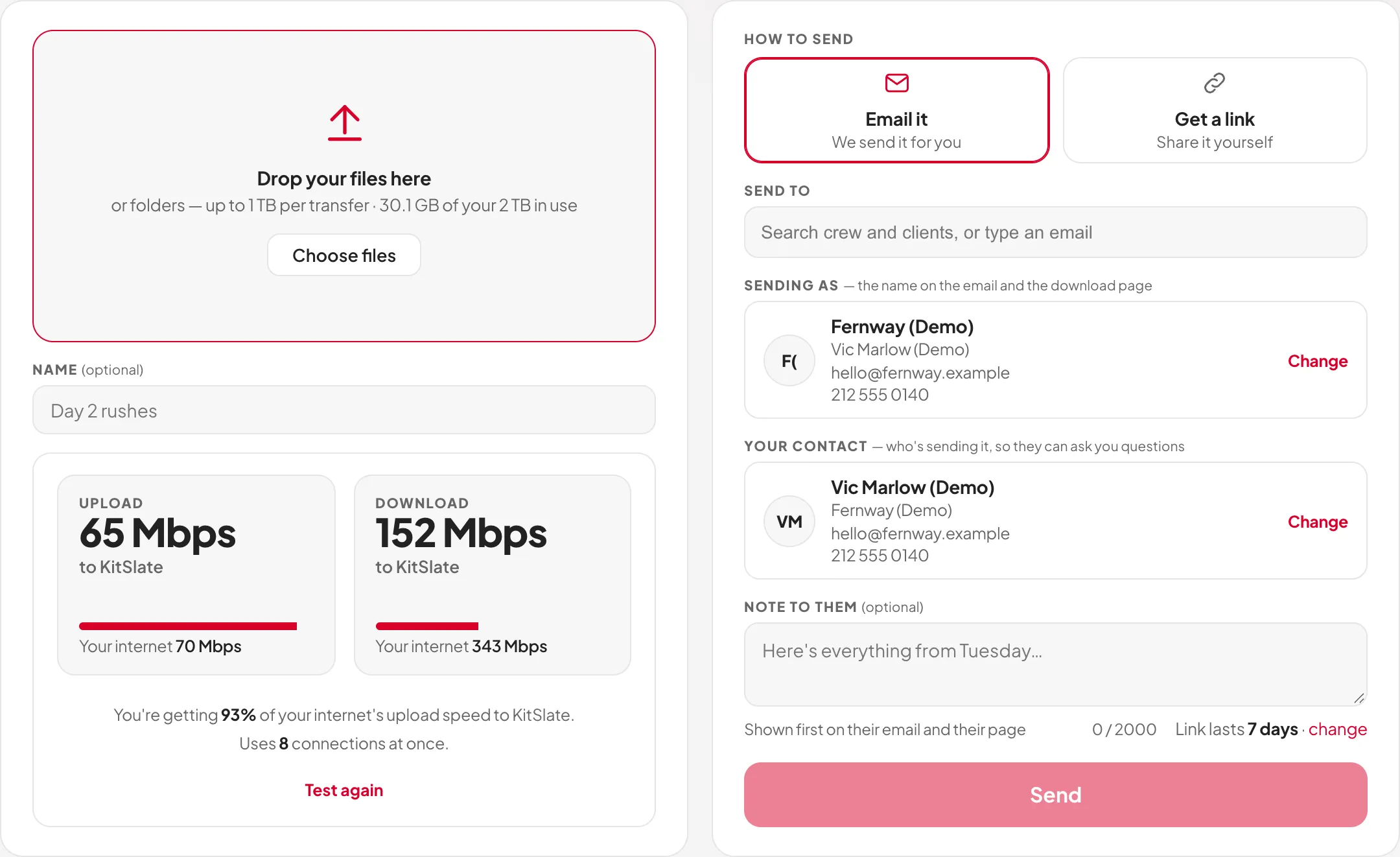 The Send page in the sandbox — drop zone, the transfer's name and the speed test on the left; Email it or Get a link, who it goes to, Sending as, your contact, a note and the Send button on the right