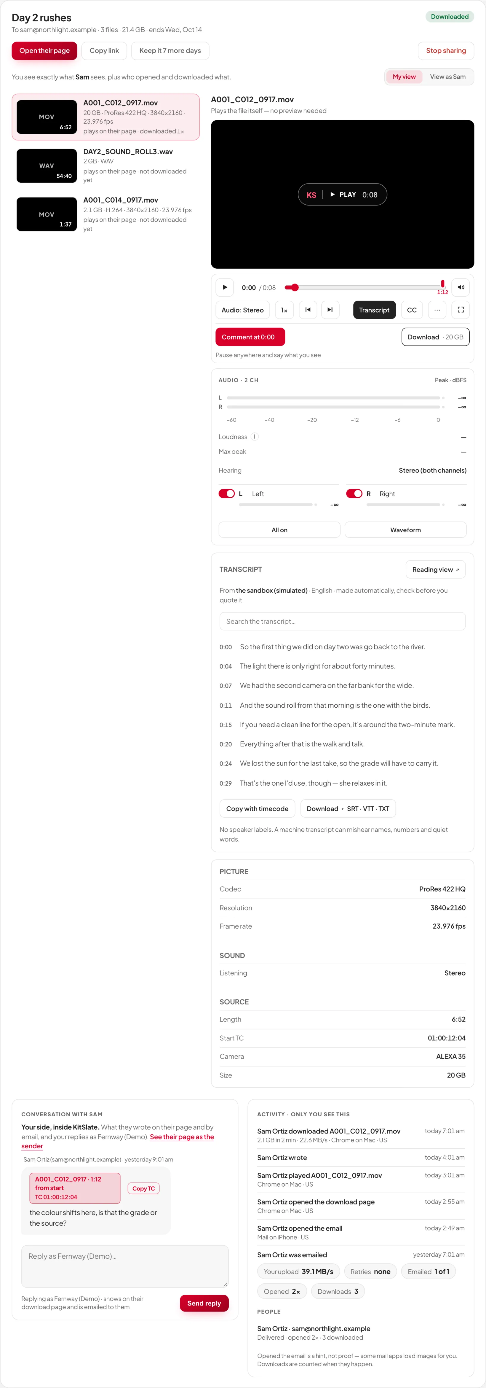 A sent transfer opened on the Sent tab: You see exactly what Sam sees, the files and the shared player with its audio panel and spec sheet, then the conversation with a timecode comment and a reply box beside Activity, only you see this, with every open, play and download
