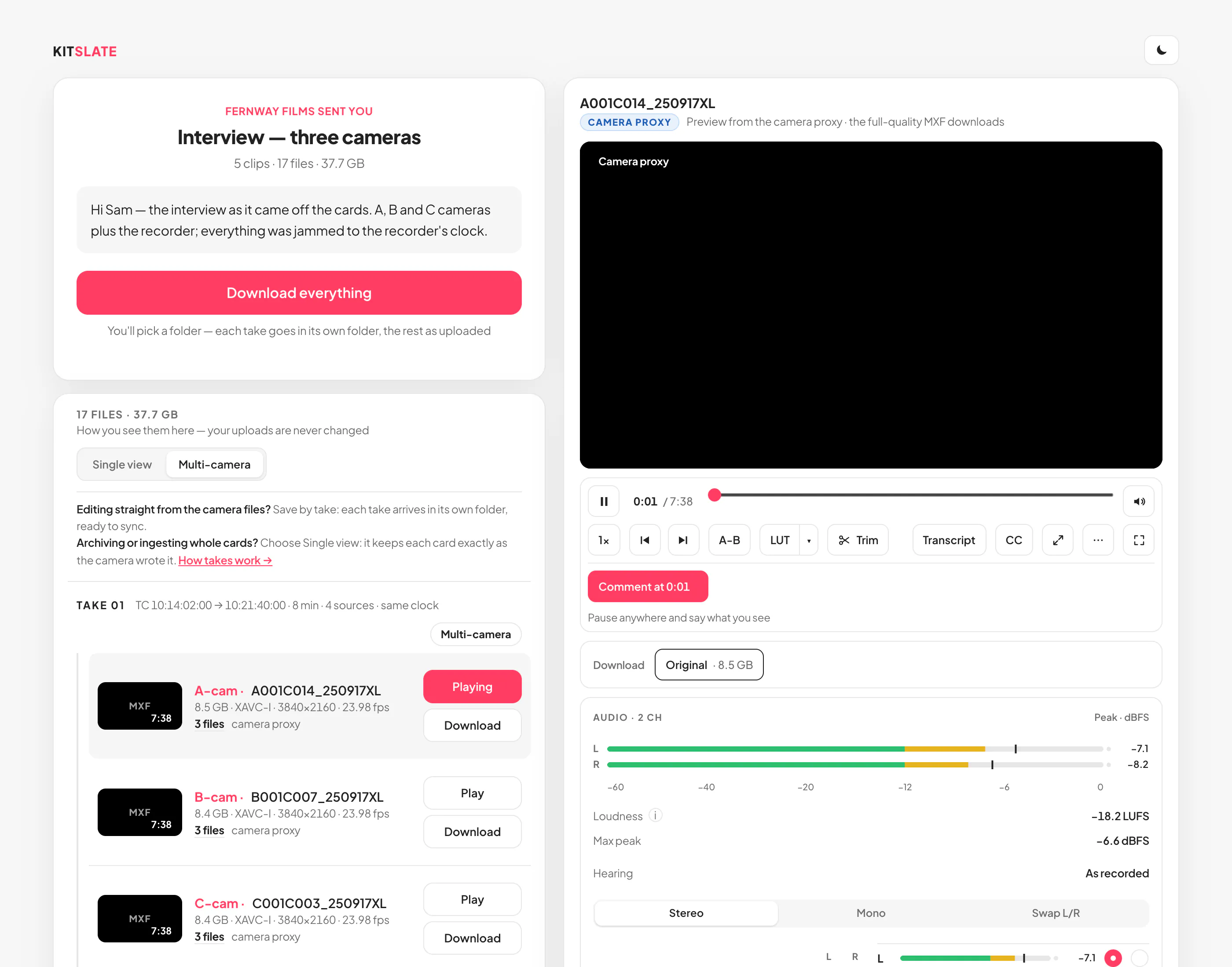 A download page in multi-camera view: View with Single view and Multi-camera over the file list, then Take 01 — TC 10:14:02:00 to 10:21:40:00, 7 min 38 s, 4 sources, same clock — with A-cam, B-cam, C-cam and Sound on one rail, the A-cam clip playing in the player on the right